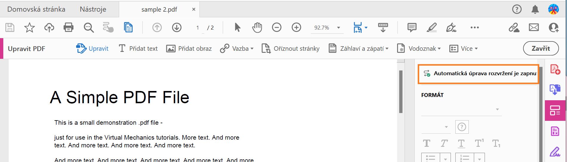 Automatická úprava rozvržení je zapnuta