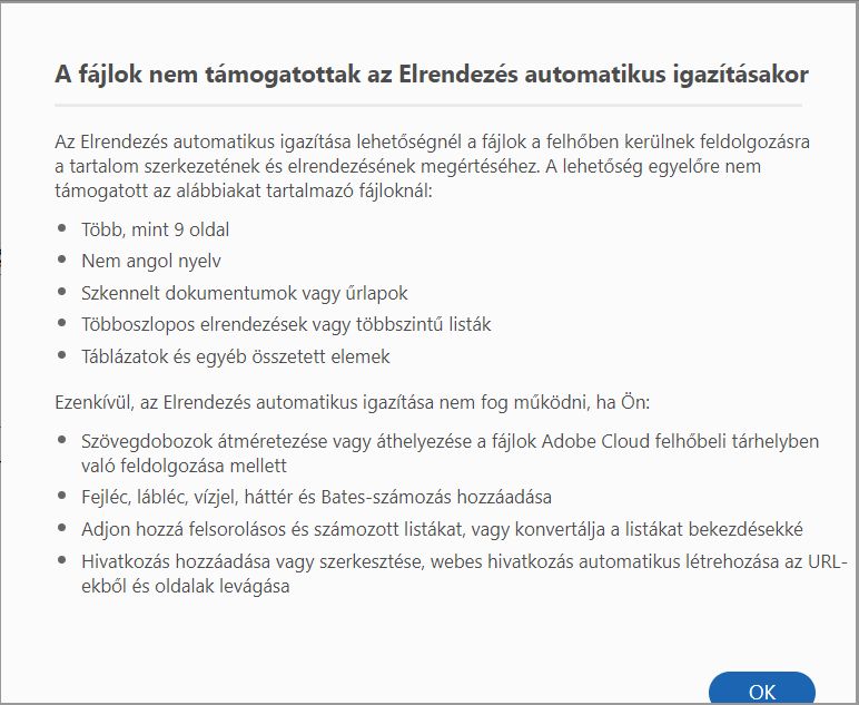 A fájlok nem támogatottak az Elrendezés automatikus igazítása módban