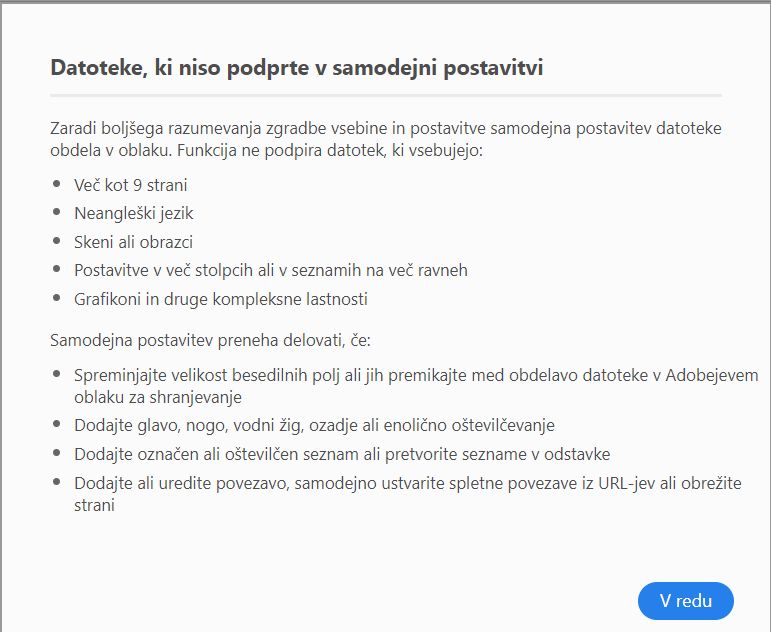 Datoteke, ki niso podprte v načinu samodejne postavitve