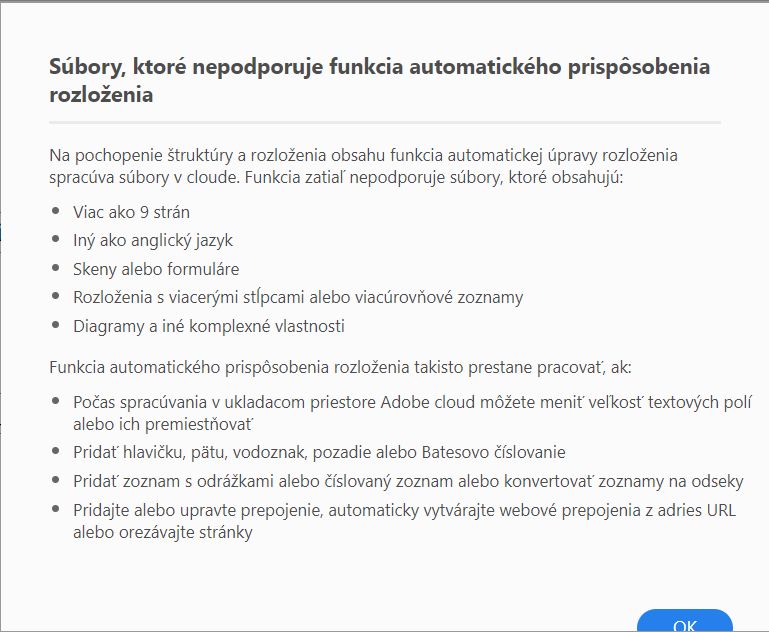 Súbory nie sú podporované v režime automatickej úpravy rozloženia