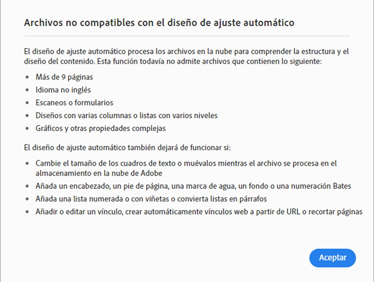 Archivos no compatibles con modo de ajuste automático del diseño