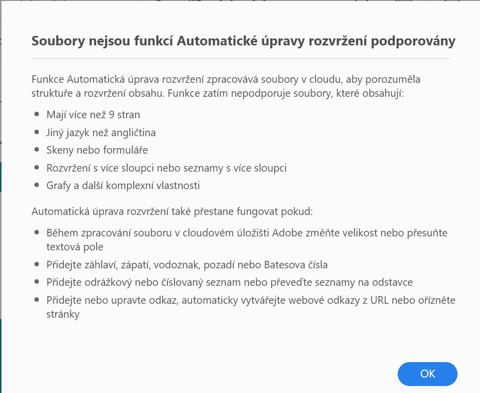 Soubory nejsou v režimu automatické úpravy rozvržení podporovány