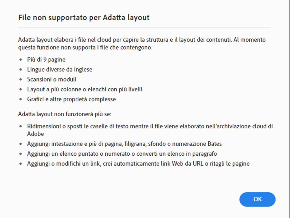 File non supportati in modalità Adatta layout