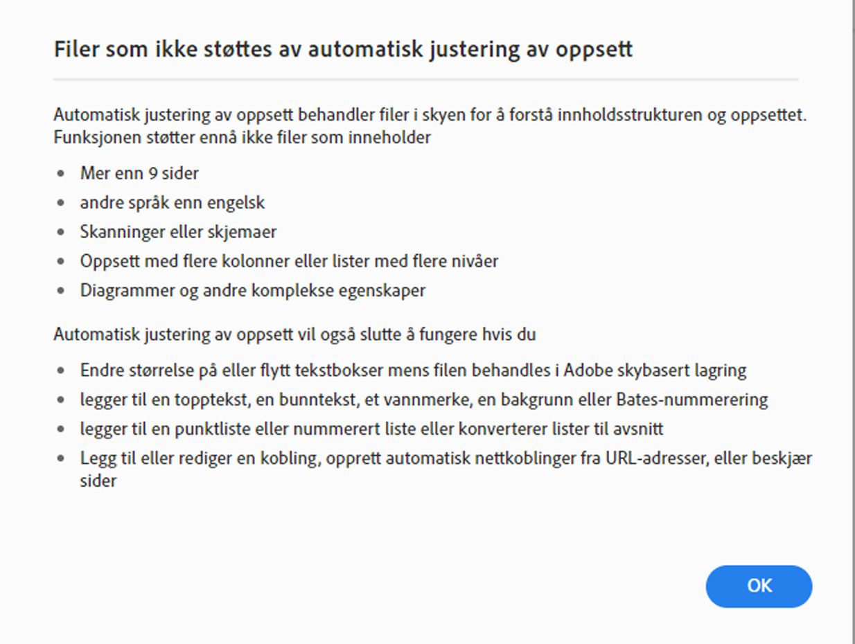 Filer som ikke støttes i automatisk justering av oppsett