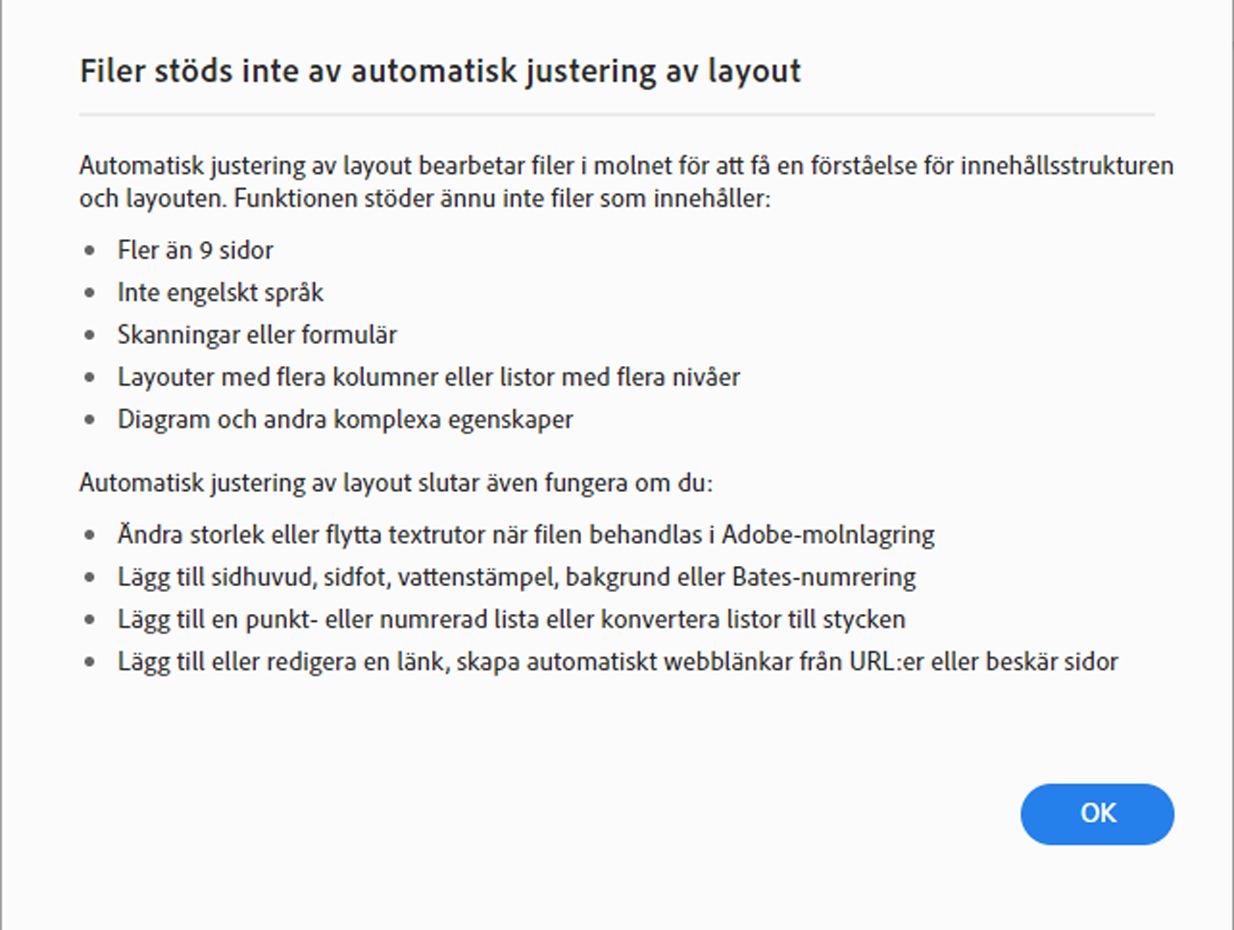 Filer stöds inte i läget automatisk justering av layout