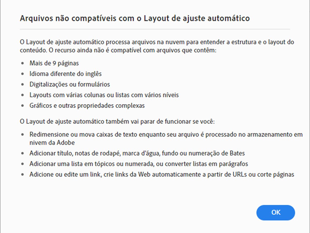 Arquivos não compatíveis com o modo de ajuste automático de layout