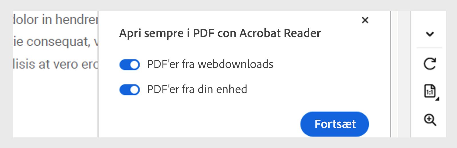 Åbn altid PDF'er i pop op-vinduet Acrobat eller Reader, der vises, når en downloadet PDF åbnes automatisk.