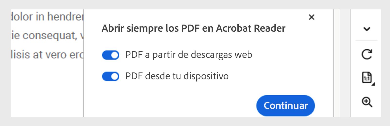 Abra siempre los PDF en la ventana emergente de Acrobat o Reader que aparece cuando se abre un PDF descargado automáticamente.