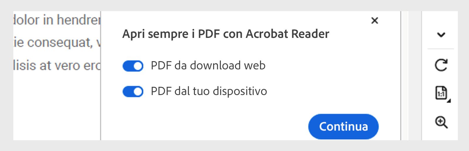 Pop-up Apri sempre i PDF in Acrobat o Reader che viene visualizzato quando un PDF scaricato si apre automaticamente.