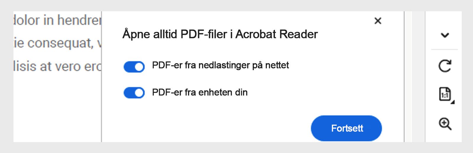 Åpne alltid PDF-filer i Acrobat- eller Reader-popup som vises når en nedlastet PDF-fil åpnes automatisk.