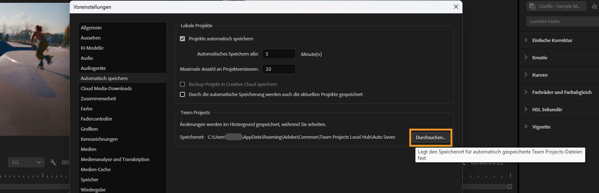 Das Dialogfeld „Voreinstellungen“ ist geöffnet und im Bedienfeld „Automatisch speichern“ ist unter dem Abschnitt „Team Projects“ die Option „Durchsuchen“ hervorgehoben, um den Speicherort für automatisch gespeicherte Cache-Dateien zu ändern.