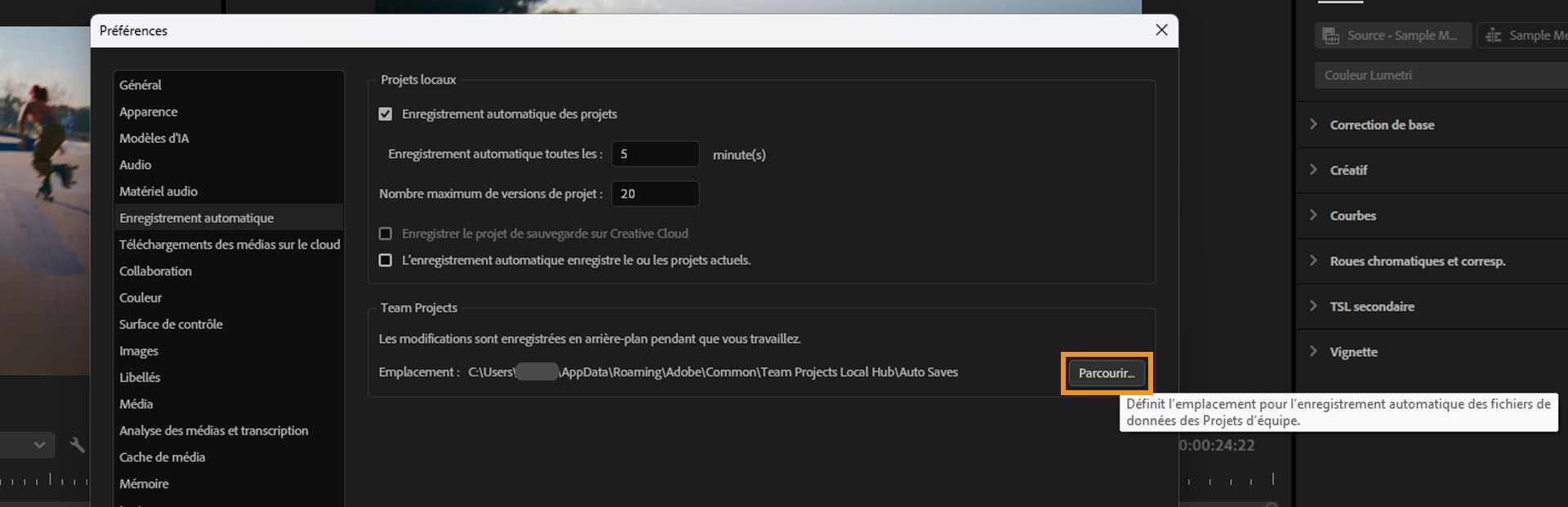 La boîte de dialogue Préférences est ouverte et dans le panneau Enregistrement automatique, sous la section Team Projects, l’option Parcourir est mise en évidence pour modifier l’emplacement du cache d’enregistrement automatique.