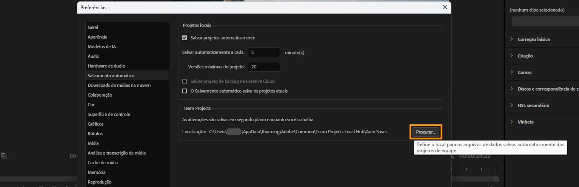 A caixa de diálogo “Preferências” está aberta e, no painel “Salvar automaticamente”, na seção “Projetos de equipe”, a opção “Procurar” está realçada para alterar o local no cache da função de salvar automaticamente.