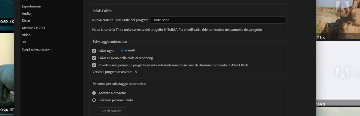 La sezione Salvataggio automatico mostra Salva ogni impostato su 20 minuti, Salva all'avvio della coda di rendering selezionato e Versioni massime progetto impostato su 5, con Posizione salvataggio automatico impostata su Accanto al progetto.