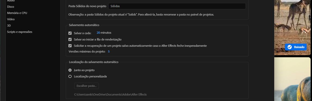 A seção Salvamento automático mostra Salvar a cada definido para 20 minutos, Salvar ao iniciar fila de renderização marcado, e Máximo de versões do projeto definido para 5, com Local do salvamento automático definido para Próximo ao projeto.