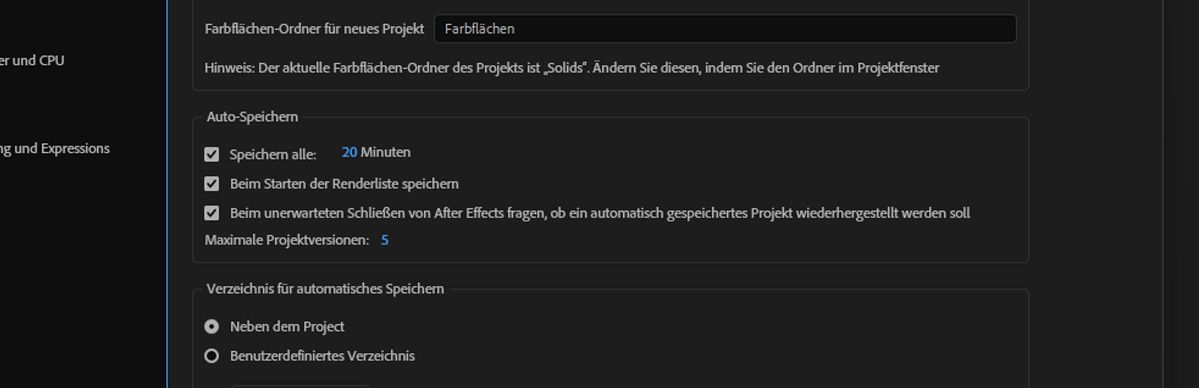Im Abschnitt „Automatische Speicherung“ ist „Jedes Set alle 20 Minuten speichern“ aktiviert, „Beim Starten der Render-Warteschlange speichern“ ist angekreuzt, die „Maximale Anzahl an Projektversionen“ ist auf 5 eingestellt und der Speicherort für das automatische Speichern ist auf „Neben dem Projekt“ festgelegt.
