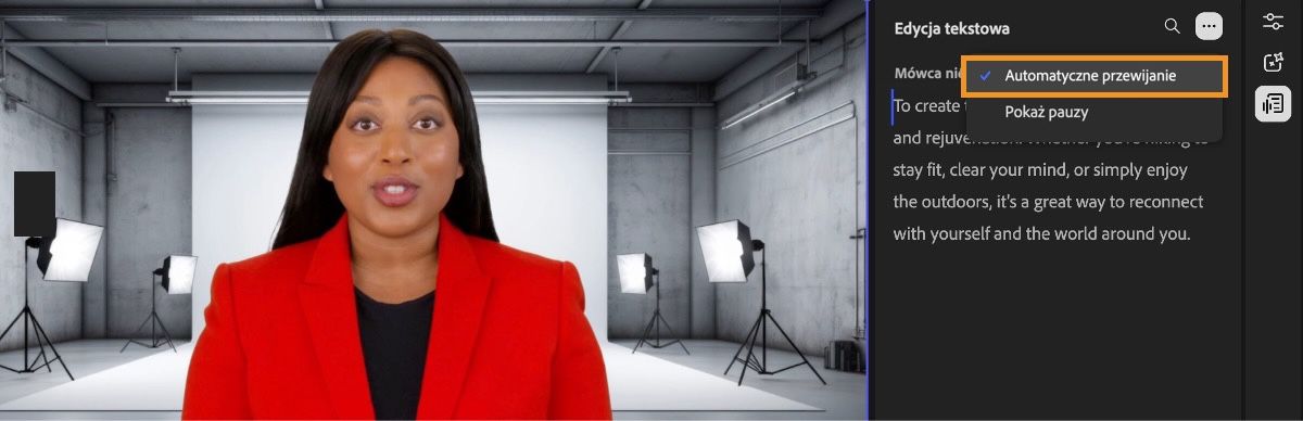 Panel edycji tekstowej jest otwarty i zawiera transkrypcję treści. Menu Więcej jest również otwarte, a opcja Automatyczne przewijanie jest zaznaczona.