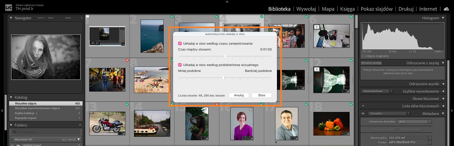 Okno dialogowe automatycznego układania w stosy jest otwarte nad modułem biblioteki w obszarze roboczym lightroom classic.
