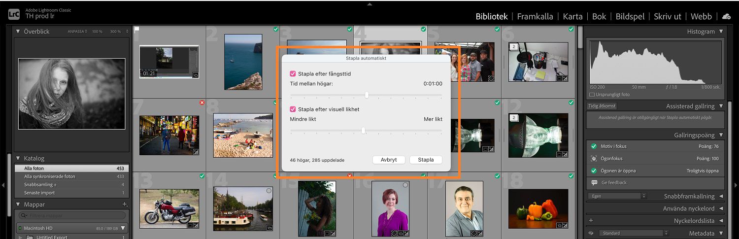 Dialogrutan för automatisk stapling öppnas över biblioteksmodulen i lightroom classic arbetsyta.