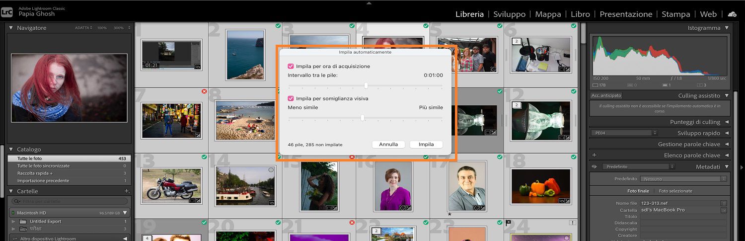 La finestra di dialogo dell'impilamento automatico viene aperta sopra il modulo libreria nell'area di lavoro di lightroom classic