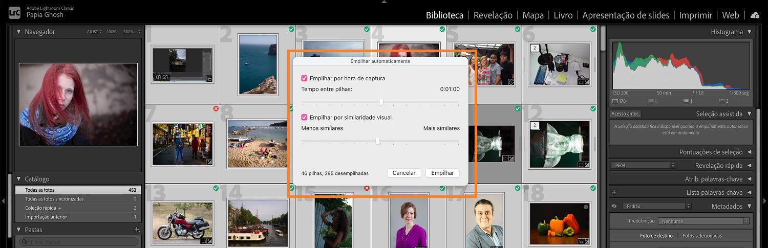 A caixa de diálogo de empilhamento automático é aberta sobre o módulo Biblioteca na tela do Lightroom Classic.