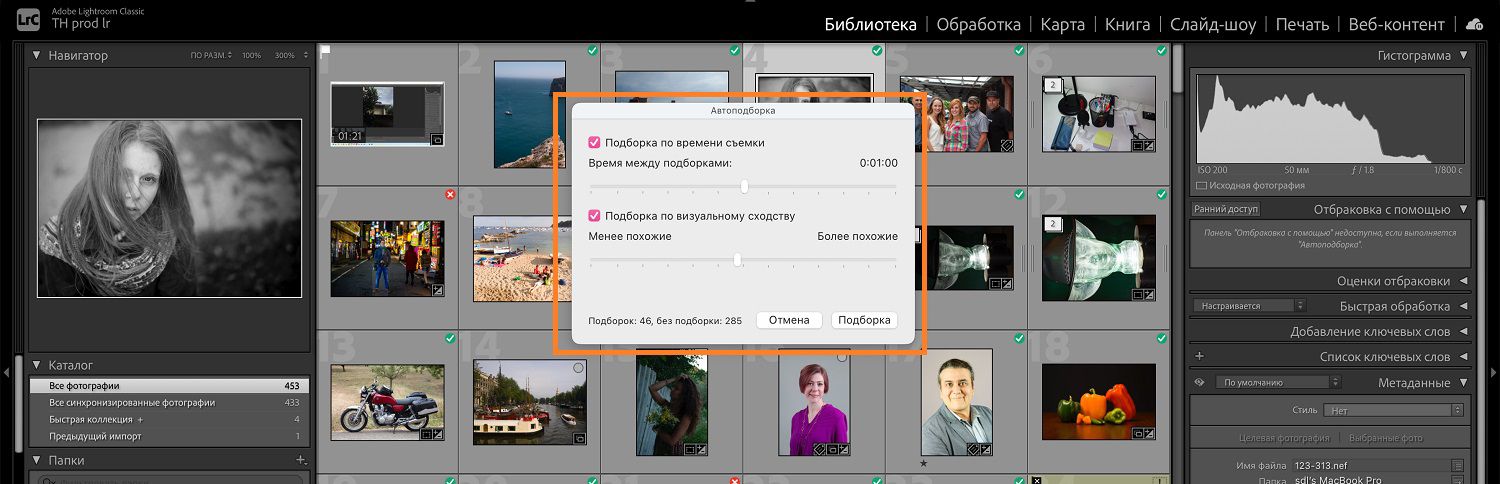 Открывается диалоговое окно «Автоподборка» поверх модуля «Библиотека» на холсте Lightroom Classic.