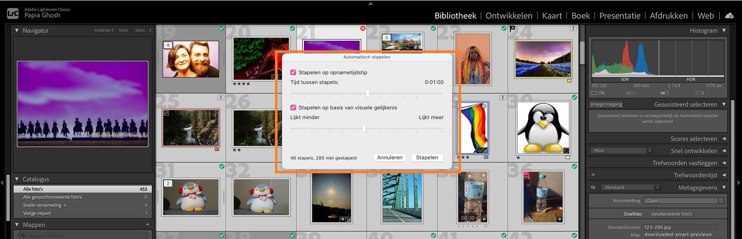 Het dialoogvenster voor automatisch stapelen wordt geopend over de bibliotheek module in het lightroom classic canvas.