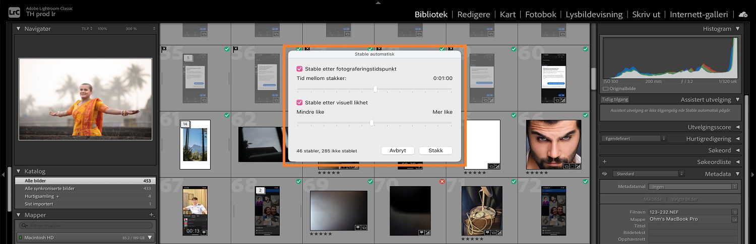 Dialogboksen for automatisk stabling åpnes over bibliotekmodulen i lightroom classic-lerretet.