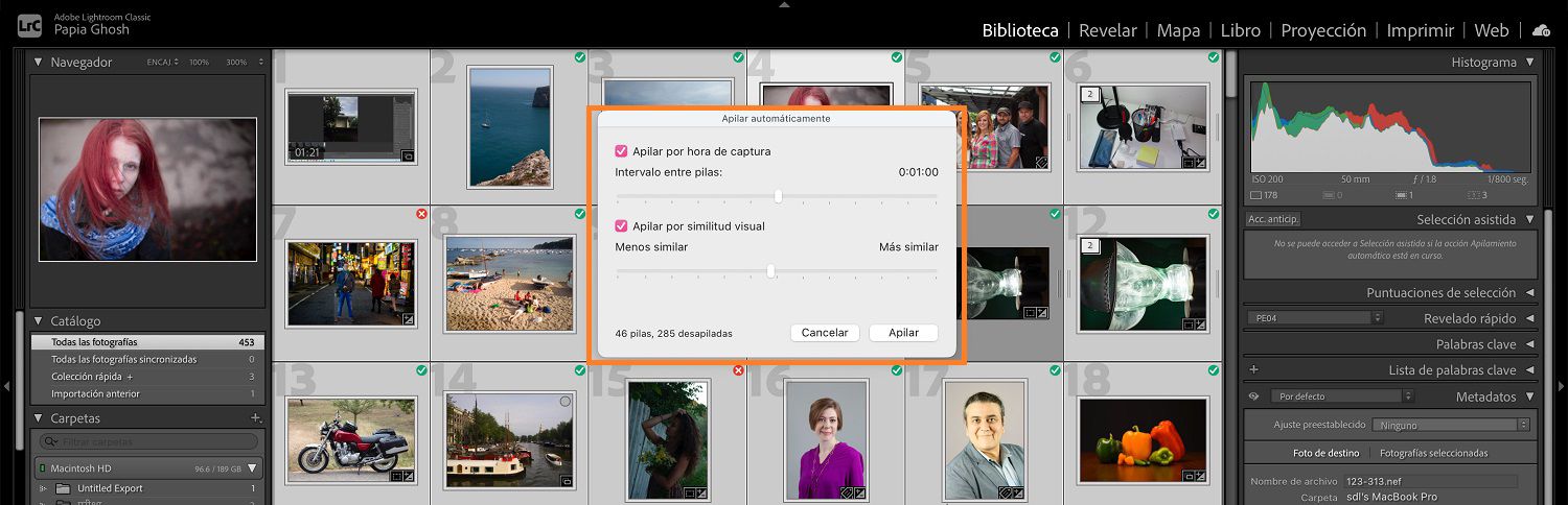 El cuadro de diálogo de apilado automático se abre sobre el módulo biblioteca en el lienzo de lightroom classic.