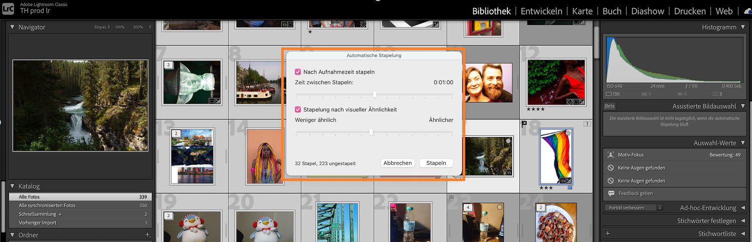 Das Auto-Stack-Dialogfeld wird über dem Bibliothek-Modul in der Lightroom Classic Arbeitsfläche geöffnet.