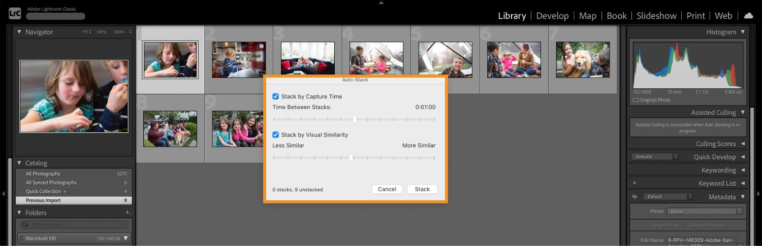 Auto-stack dialog box is opened over Library module in Lightroom Classic canvas.