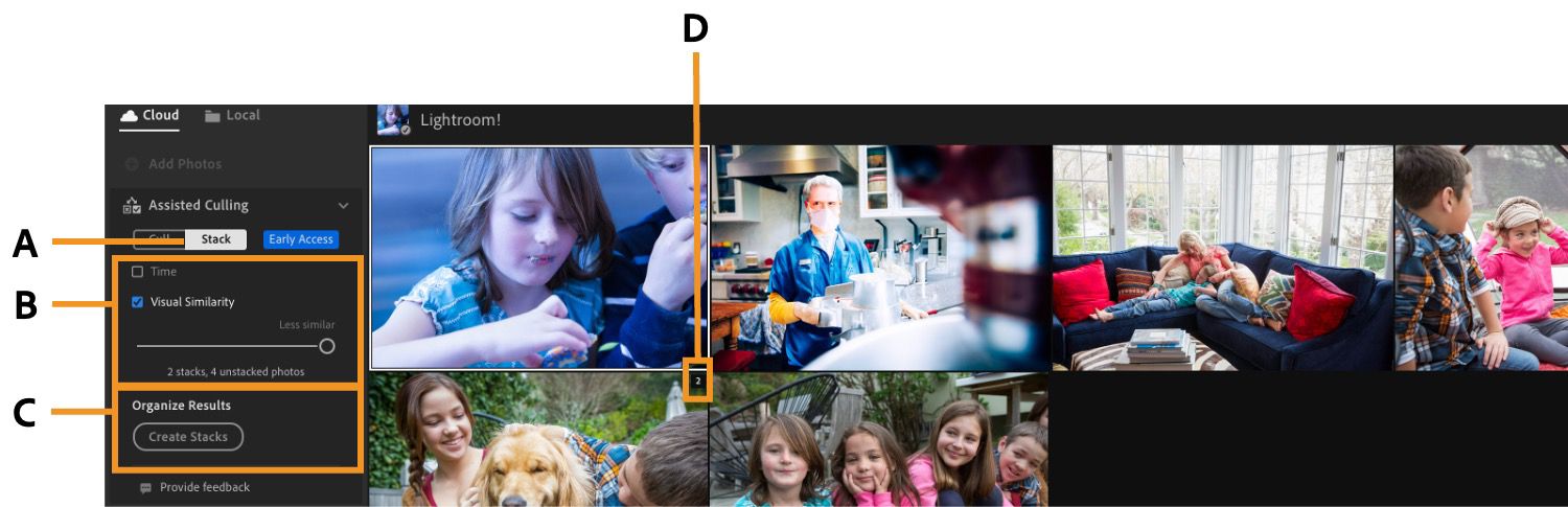 Ein Album mit Kinderfotos wird in der Lightroom Arbeitsfläche geöffnet, wo die Stapel-Funktion hervorgehoben ist.