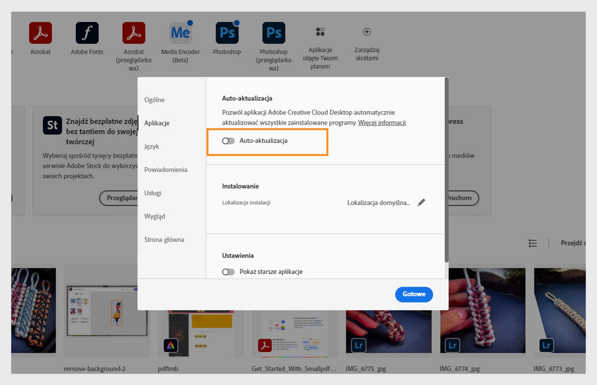 Karta Aplikacje w oknie Preferencje umożliwia włączenie automatycznej aktualizacji dla wszystkich aplikacji. Po włączeniu można ją włączać lub wyłączać dla poszczególnych aplikacji. 
