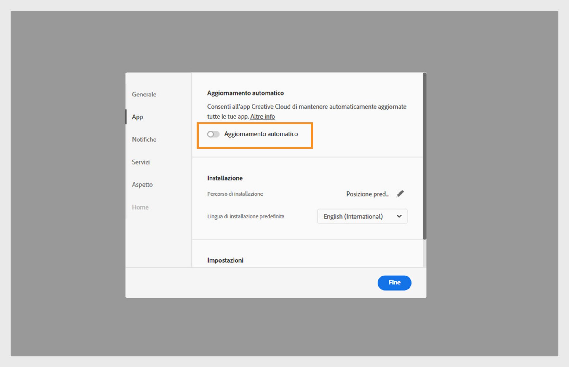 La scheda Applicazioni nella finestra Preferenze fornisce l'opzione di attivare l'aggiornamento automatico per tutte le applicazioni. Una volta attivato, è possibile attivarlo o disattivarlo per le singole applicazioni. 