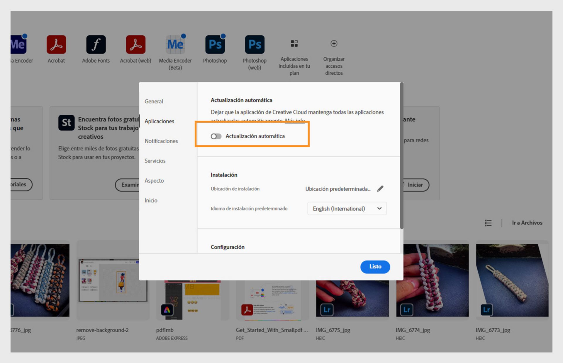 La pestaña Aplicaciones en la ventana Preferencias proporciona la opción de activar la actualización automática para todas las aplicaciones. Una vez activada, puede activarla o desactivarla para aplicaciones individuales. 