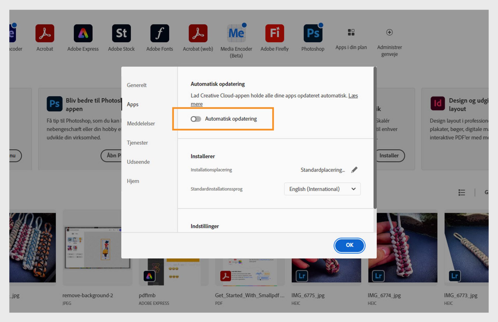 Fanen Apps i vinduet Præferencer giver mulighed for at slå automatisk opdatering til for alle apps. Når det er slået til, kan du slå det til eller fra for individuelle apps. 
