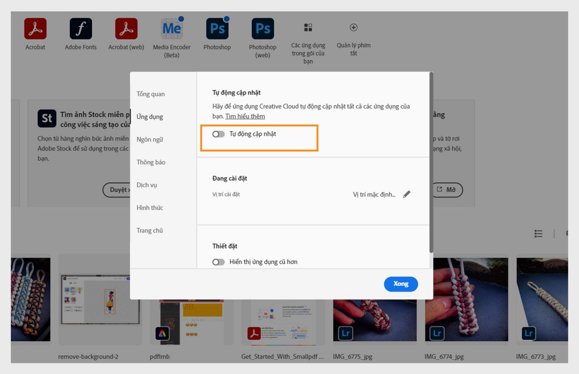 Tab Ứng dụng trong cửa sổ Preferences cung cấp tùy chọn để Bật Cập nhật tự động cho tất cả ứng dụng. Sau khi đã bật, bạn có thể bật hoặc tắt cho từng ứng dụng riêng lẻ. 