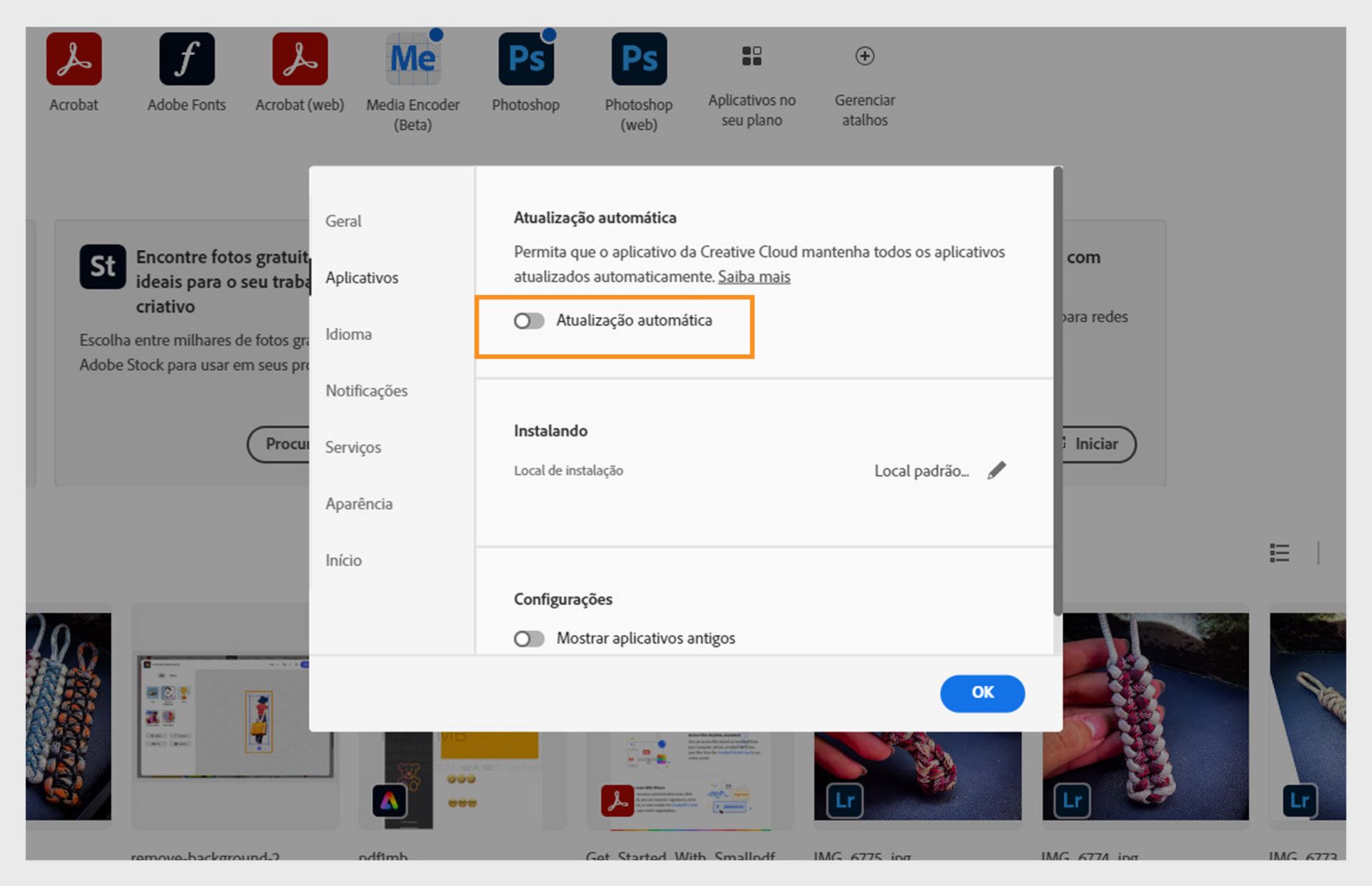 A guia Aplicativos na janela Preferências oferece a opção de Ativar a Atualização automática para todos os aplicativos. Depois de ativada, você pode ativá-la ou desativá-la para aplicativos individuais. 