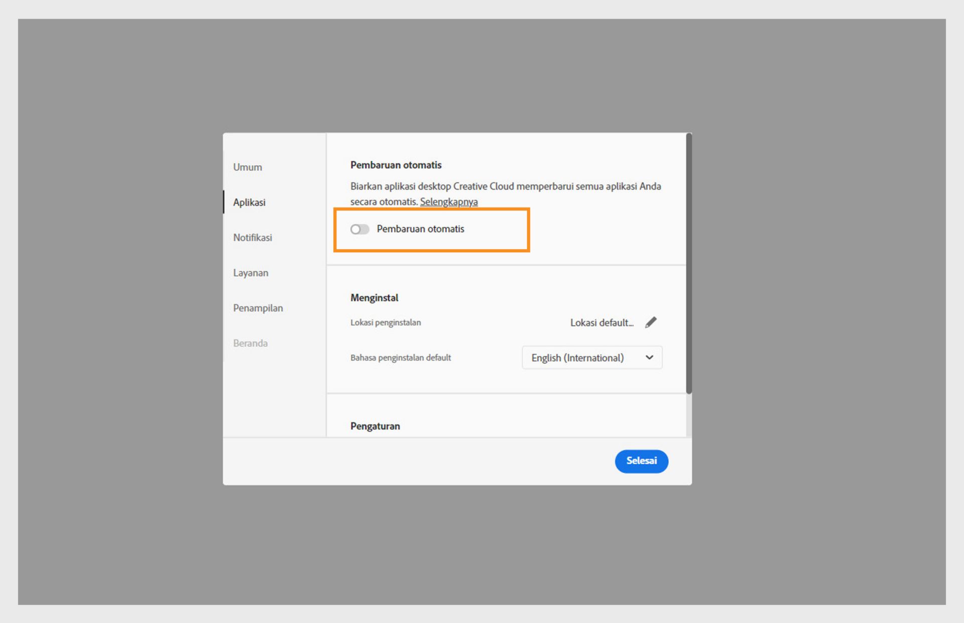 Tab Aplikasi di jendela Preferensi menyediakan opsi untuk mengaktifkan Pembaruan Otomatis untuk semua aplikasi. Setelah diaktifkan, Anda dapat mengaktifkan atau menonaktifkannya untuk aplikasi individual. 