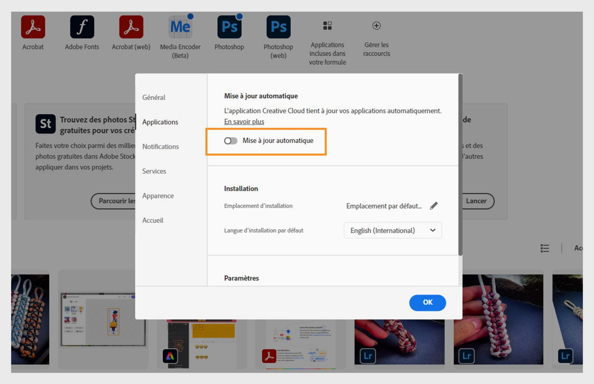 L'onglet Applis dans la fenêtre Préférences offre la possibilité d'activer la mise à jour automatique pour toutes les applis. Une fois activée, vous pouvez l'activer ou la désactiver pour chaque appli individuellement. 