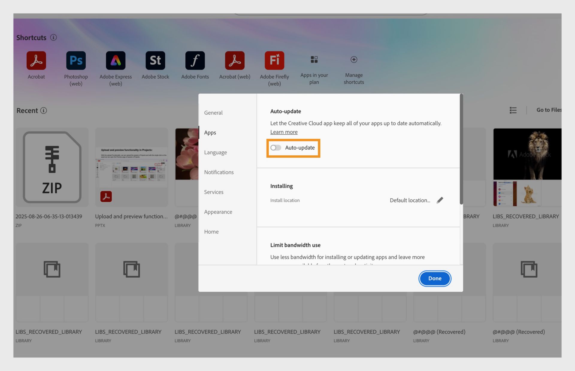Preferences loga cilnē Lietotnes ir iespēja ieslēgt Automātiskās atjaunināšanas funkciju visām lietotnēm. Kad tā ir ieslēgta, jūs varat to ieslēgt vai izslēgt atsevišķām lietotnēm. 
