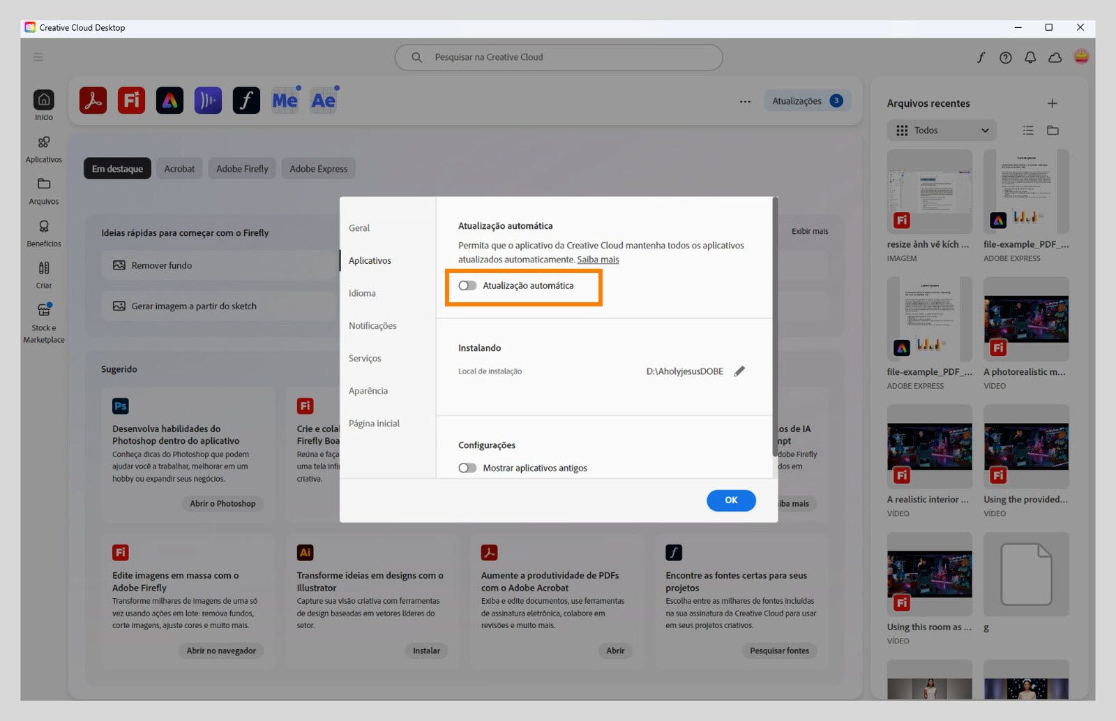 A guia Aplicativos na janela Preferências oferece a opção de Ativar a Atualização automática para todos os aplicativos. Depois de ativada, você pode ativá-la ou desativá-la para aplicativos individuais. 