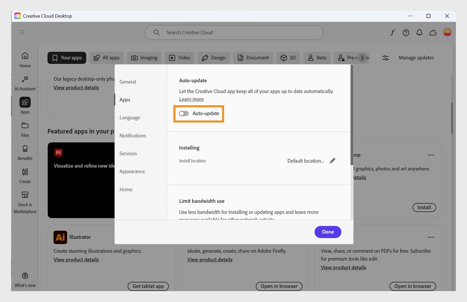 The Apps tab in the Preferences window provides the option to turn on Auto-update for all apps. Once turned on, you can turn it on or off for individual apps. 