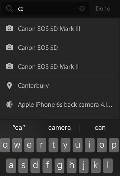 Forslag fra autofullfør i Lightroom CC for mobilenheter (iOS)