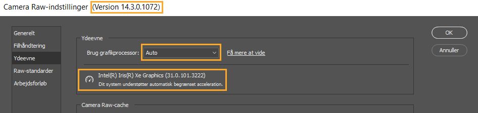 Vigtige oplysninger i dialogboksen Præferencer i Camera Raw. Du finder de samme oplysninger i en tilsvarende dialogboks i Lightroom.