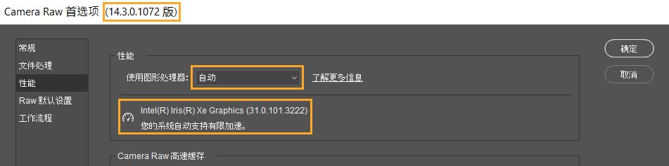 Camera Raw 中「偏好設定」對話框裡的重要資訊。Lightroom 的「效能偏好設定」呈現相同資訊。