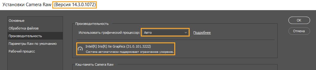 Важная информация из диалогового окна «Установки» в Camera Raw. Окно «Установки производительности» в Lightroom содержит ту же информацию.