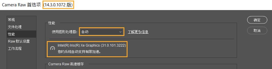 Camera Raw“首选项”对话框中的重要信息。Lightroom 中“性能”首选项会报告相同的信息。