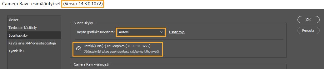 Camera Raw’n Oletusarvot-valintaikkunan tärkeät tiedot. Lightroomin Suorituskykyasetukset-ikkunassa ilmoitetaan samat tiedot.