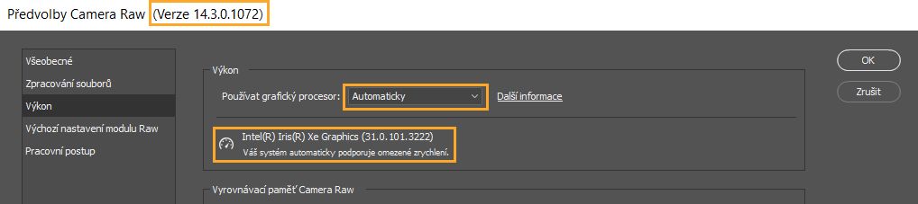 Důležité informace z dialogového okna Předvolby v zásuvném modulu Camera Raw. Stejné informace oznamuje dialogové okno Předvolby výkonu v aplikaci Lightroom.